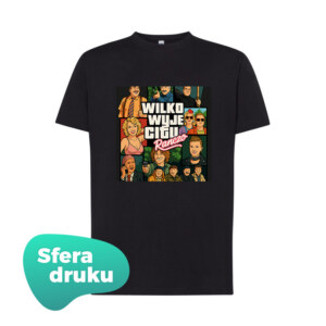 Koszulka Wilkowyje City z serialu Ranczo – czarny T-shirt z kolorowym nadrukiem w stylu GTA, przedstawiającym bohaterów serialu
