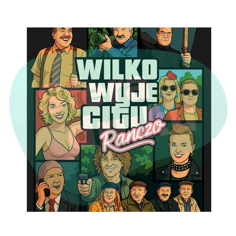 Koszulka Wilkowyje City z serialu Ranczo – czarny T-shirt z kolorowym nadrukiem w stylu GTA, przedstawiającym bohaterów serialu